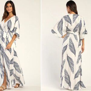 Lulu's Sign of the Times White and Navy Blue Leaf Print Maxi Dress